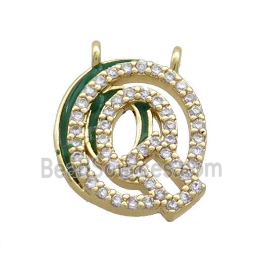 Copper Pendant Pave Zircon Green Enamel Letter-Q 2loops Gold Plated