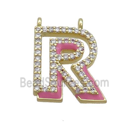 Copper Pendant Pave Zircon Pink Enamel Letter-R 2loops Gold Plated