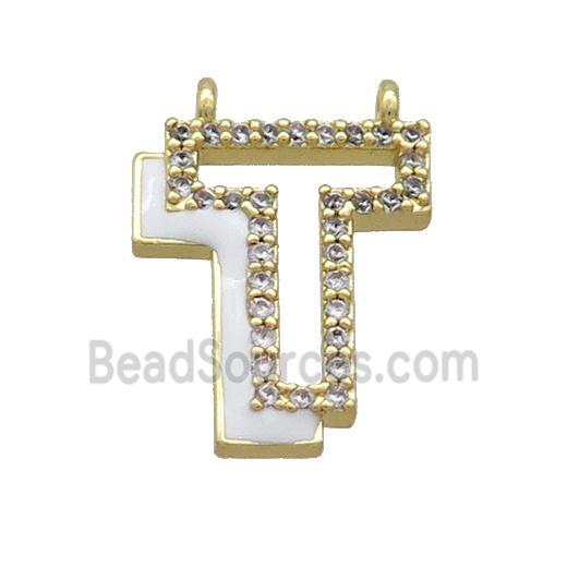 Copper Pendant Pave Zircon White Enamel Letter-T 2loops Gold Plated