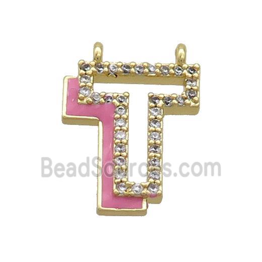 Copper Pendant Pave Zircon Pink Enamel Letter-T 2loops Gold Plated