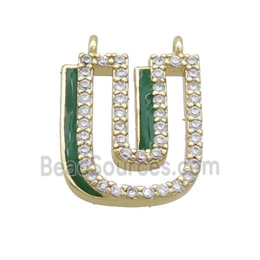 Copper Pendant Pave Zircon Green Enamel Letter-U 2loops Gold Plated