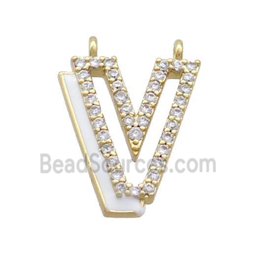 Copper Pendant Pave Zircon White Enamel Letter-V 2loops Gold Plated