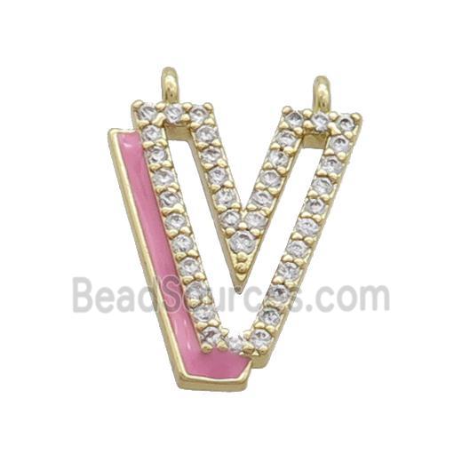 Copper Pendant Pave Zircon Pink Enamel Letter-V 2loops Gold Plated