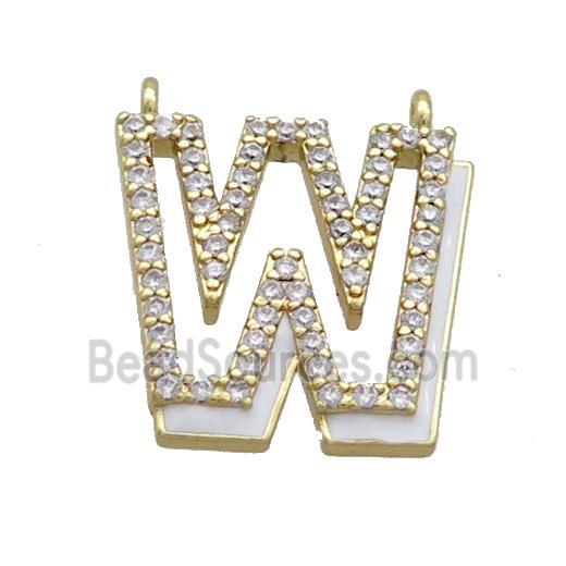 Copper Pendant Pave Zircon White Enamel Letter-W 2loops Gold Plated