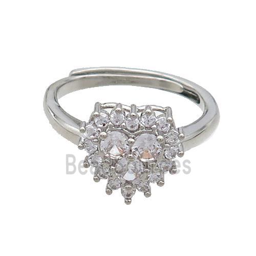 Copper Ring Pave Zircon Heart Adjustable Platinum Plated