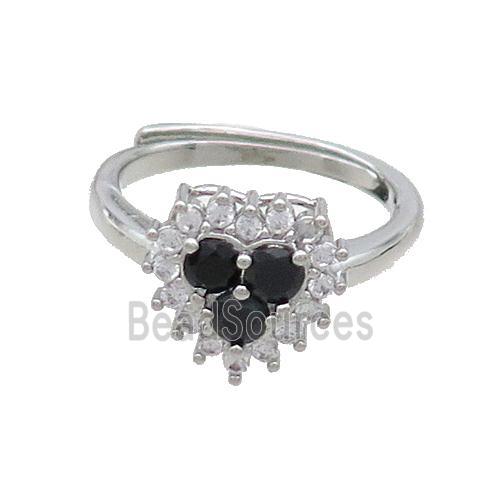 Copper Ring Pave Black Zircon Heart Adjustable Platinum Plated