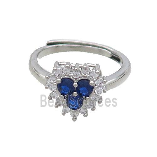 Copper Ring Pave Zircon Blue Heart Adjustable Platinum Plated