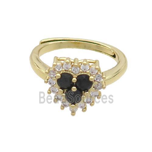 Copper Ring Pave Zircon Black Heart Adjustable Gold Plated