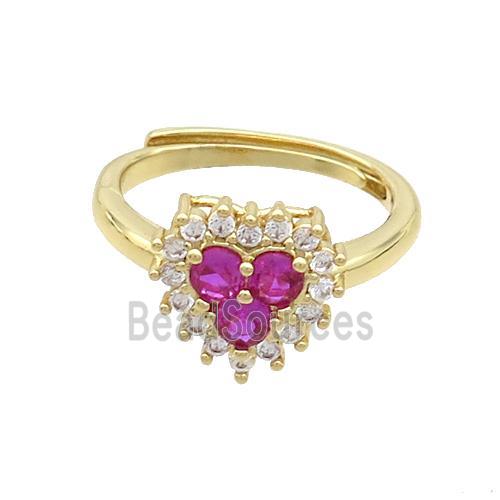 Copper Ring Pave Zircon Hotpink Heart Adjustable Gold Plated