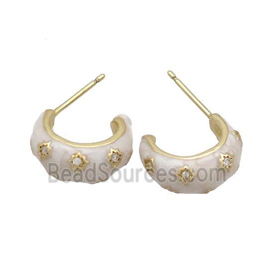 Copper Stud Earring Pave Zircon White Enamel Gold Plated