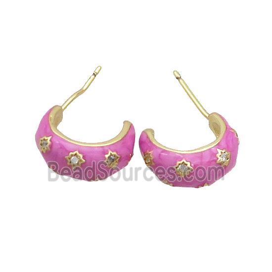 Copper Stud Earring Pave Zircon Hotpink Enamel Gold Plated