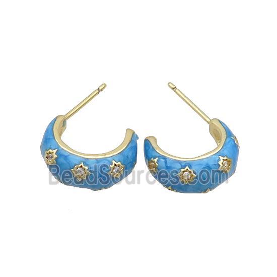 Copper Stud Earring Pave Zircon Blue Enamel Gold Plated