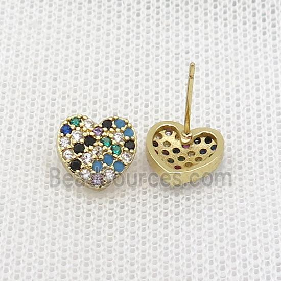 Copper Stud Earring Pave Zircon Heart Gold Plated