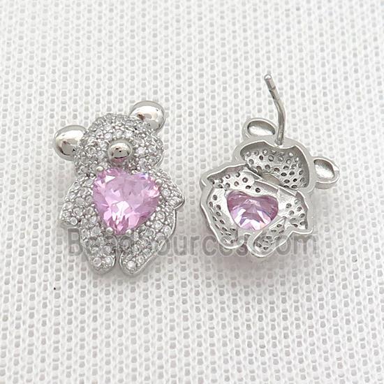 Copper Stud Earring Pave Zircon Bear Platinum Plated