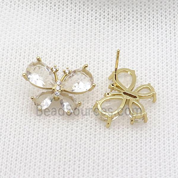 Copper Butterfly Stud Earring Pave Crystal Glass Gold Plated