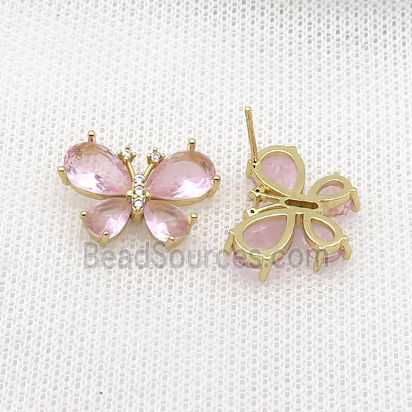 Copper Butterfly Stud Earring Pave Pink Crystal Glass Gold Plated