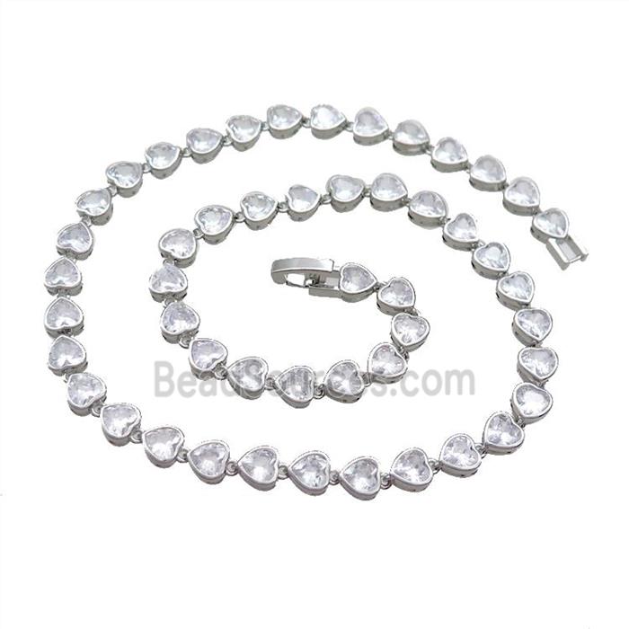 Copper Necklace Pave Zircon Heart Platinum Plated