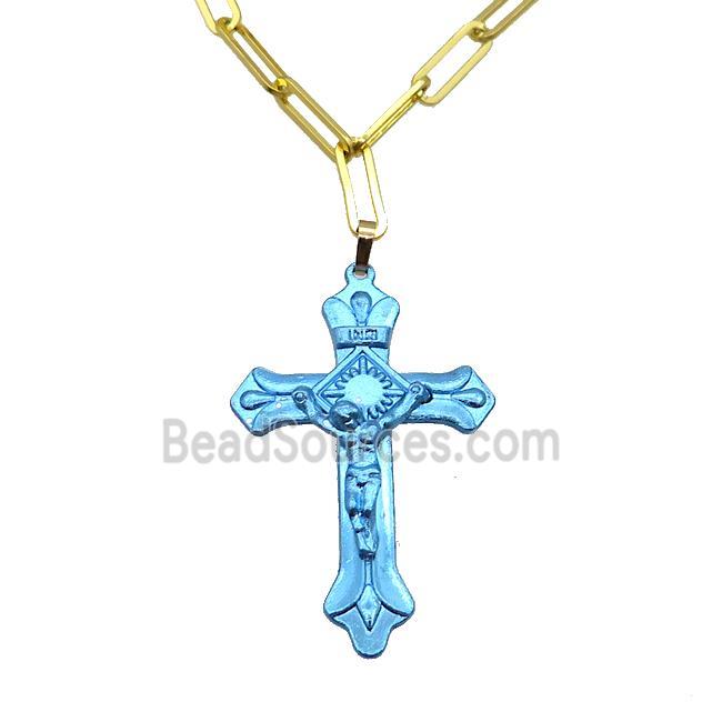 Copper Necklace Blue Lacquered Cross Gold Plated