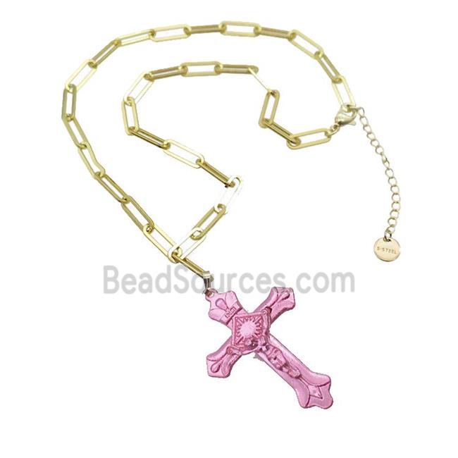 Copper Necklace Pink Lacquered Cross Gold Plated