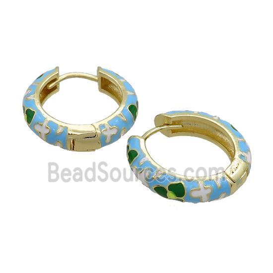 Copper Hoop Earrings Blue Enamel Gold Plated