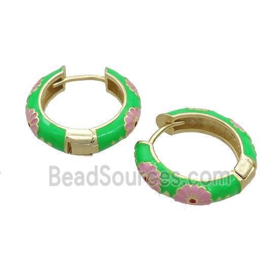 Copper Hoop Earrings Green Enamel Gold Plated