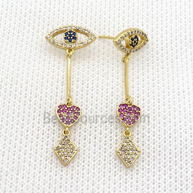 Copper Stud Earrings Pave Zircon Eye Gold Plated