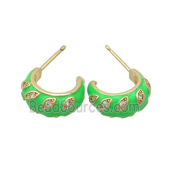 Copper Stud Earrings Pave Zircon Green Enamel Gold Plated