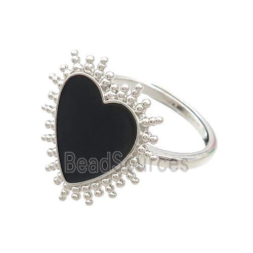 Copper Rings Heart Black Enamel Adjustable Platinum Plated