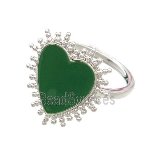 Copper Rings Heart Green Enamel Adjustable Platinum Plated