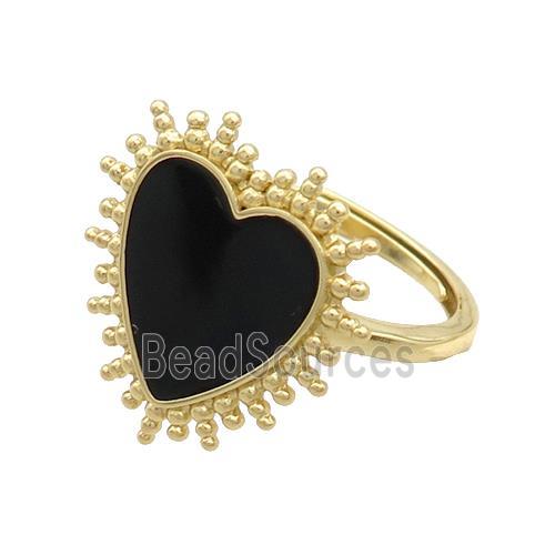 Copper Rings Heart Black Enamel Adjustable Gold Plated