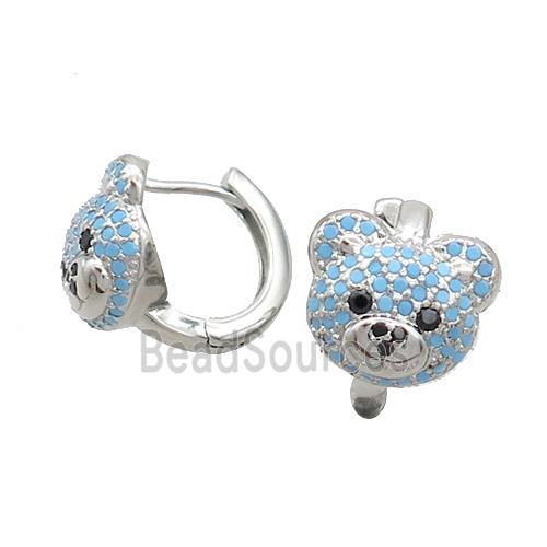 Copper Hoop Earring Pave Turqblue Zircon Bear Platinum Plated