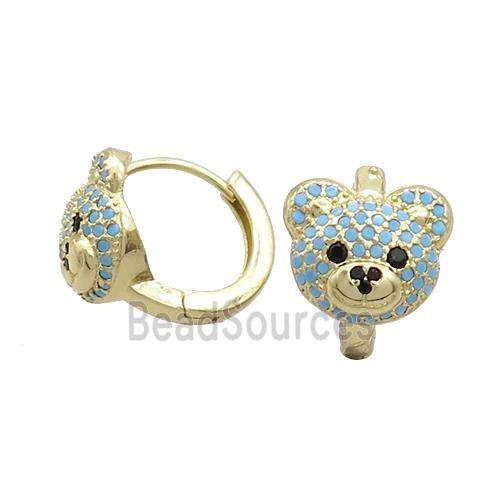 Copper Hoop Earring Pave Turqblue Zircon Bear Gold Plated