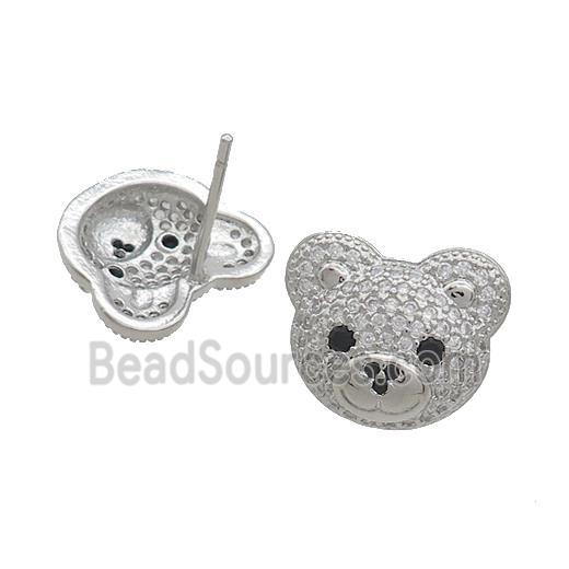 Copper Stud Earrings Pave Zircon Bear Platinum Plated