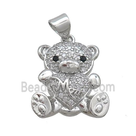 Copper Bear Pendant Pave Zircon Heart Mom Platinum Plated