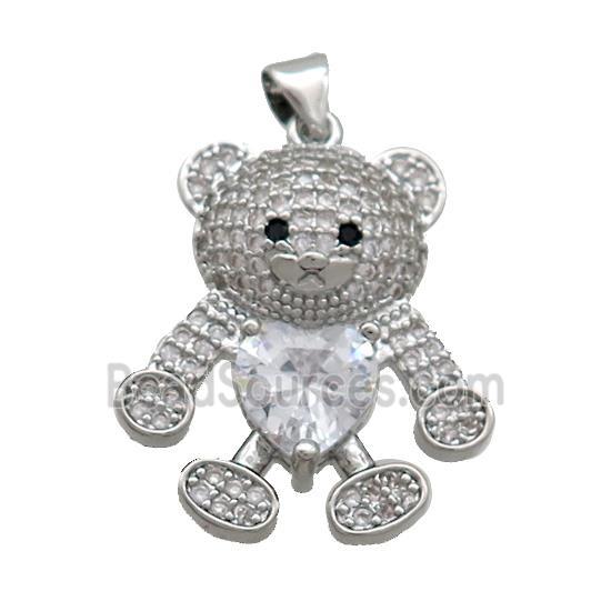 Copper Bear Pendant Pave Zircon Platinum Plated