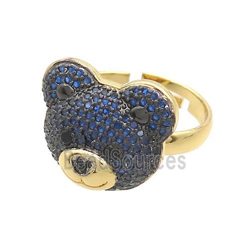 Copper Bear Rings Pave Blue Zircon Adjustable Gold Plated