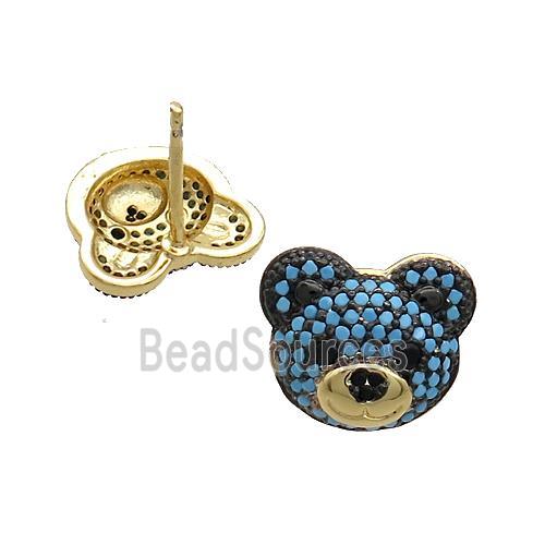 Copper Bear Stud Earrings Pave Turqblue Zircon Gold Plated