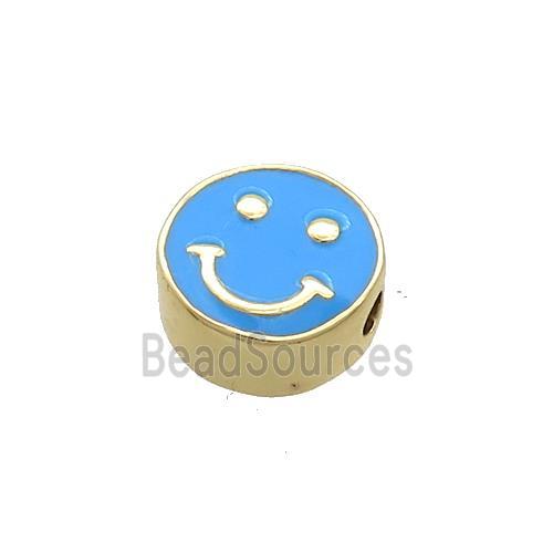 Copper Emoji Beads Blue Enamel Happy Face Gold Plated