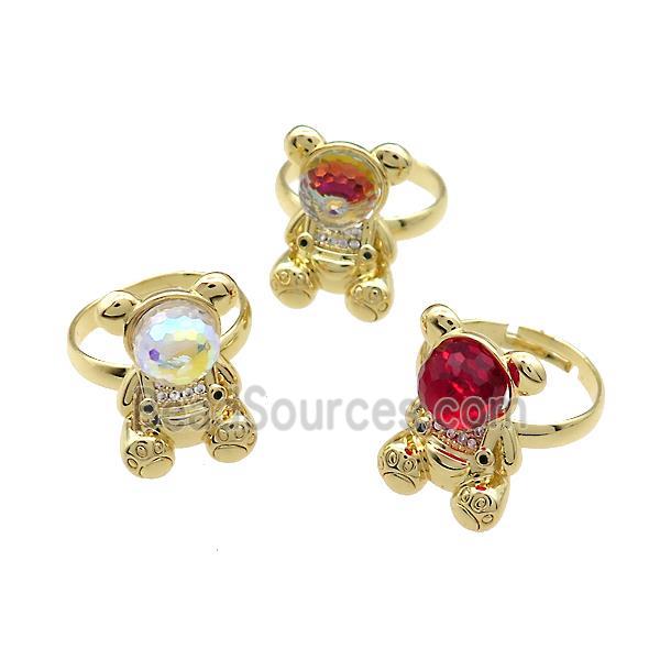 Copper Bear Rings Pave Zircon Crystal Glass Adjustable Gold Plated Mixed