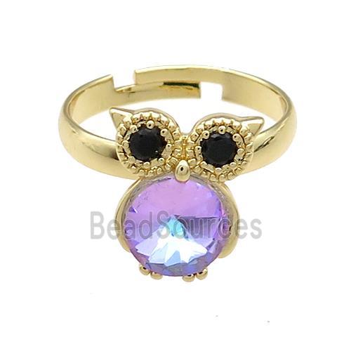 Copper Owl Rings Pave Crystal Glass Zircon Adjustable Gold Plated