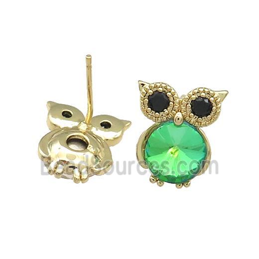 Copper Owl Stud Earrings Pave Crystal Glass Zircon Gold Plated