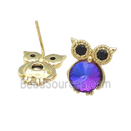 Copper Owl Stud Earrings Pave Crystal Glass Zircon Gold Plated