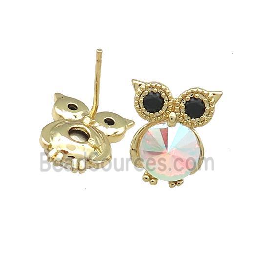 Copper Owl Stud Earrings Pave Crystal Glass Zircon Gold Plated