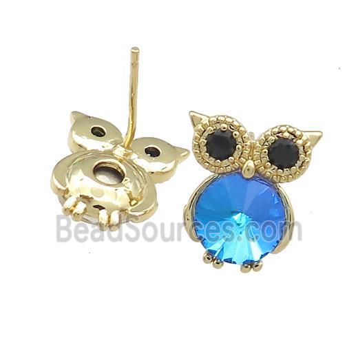 Copper Owl Stud Earrings Pave Crystal Glass Zircon Gold Plated