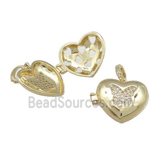 Copper Heart Locket Pendant Pave Zircon Butterfly Gold Plated