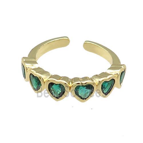 Copper Heart Rings Pave Green Zircon Gold Plated