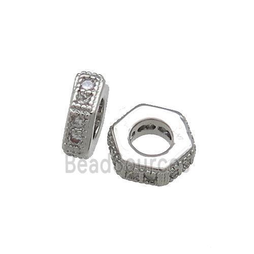 Copper Hexagon Beads Pave Zircon Platinum Plated