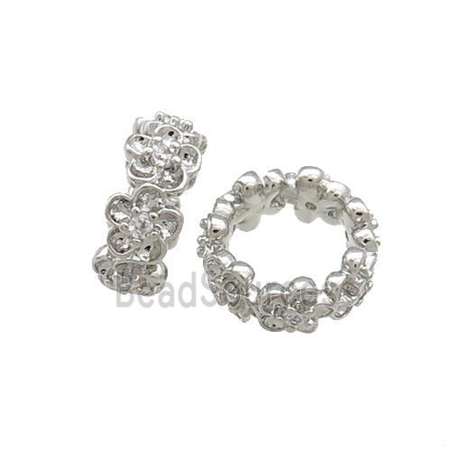 Copper Rondelle Beads Pave Zircon Flower Large Hole Platinum Plated