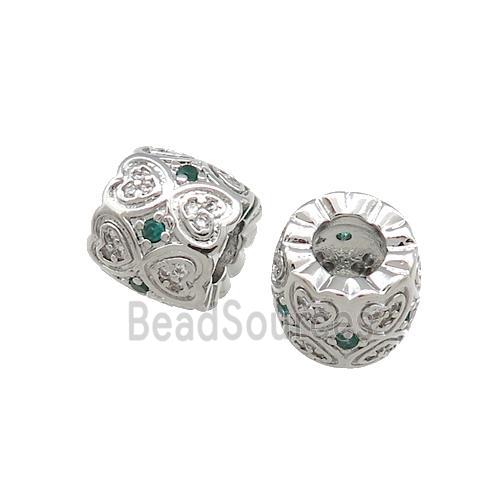 Copper Tube Beads Pave Zircon Heart Large Hole Platinum Plated