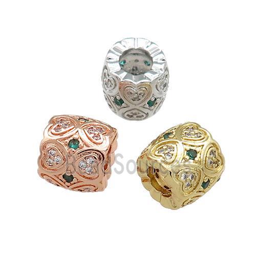 Copper Tube Beads Pave Zircon Heart Large Hole Mixed